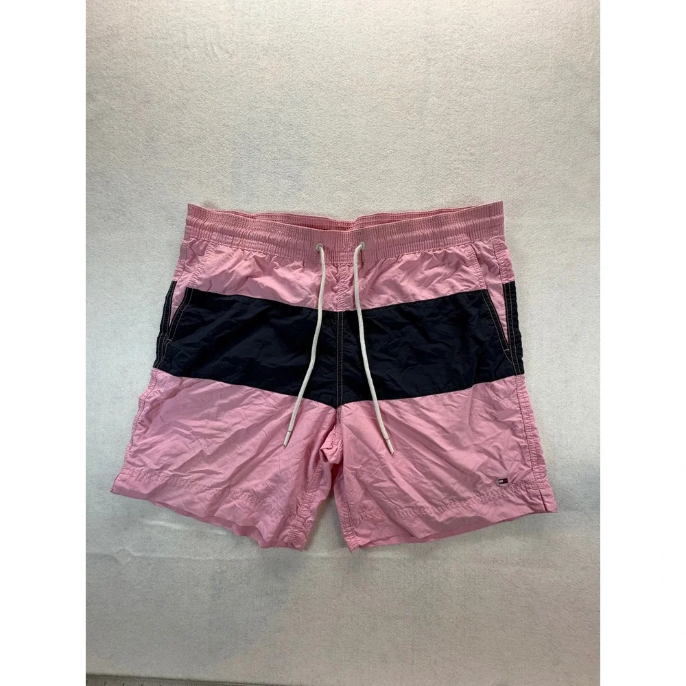 Tommy Hilfiger Mens Pink Navy Colorblock Swim Trunks Medium Drawstring Shorts